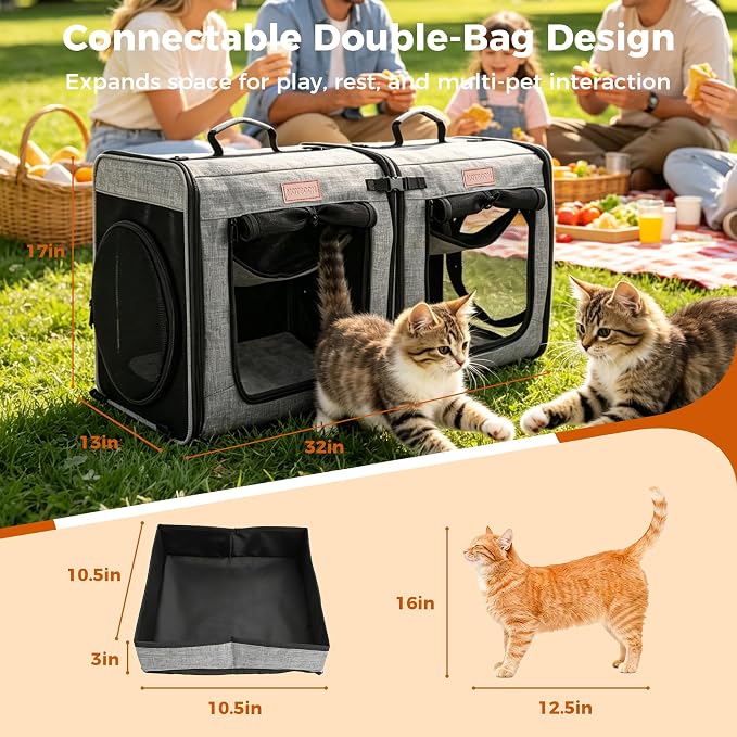PETUX 2-in-1 Double Cat Travel Carrier with Play Tunnels | 32"x13"x17", Portable, Breathable, Soft Side Cat Carrier with Litter Box and Comfortable Hammock for Multiple Cats Traveling