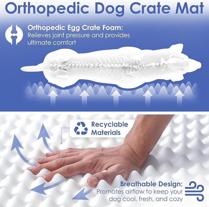 American Kennel Club Orthopedic Memory Foam Dog Crate Mat, Egg Crate Foam Cushion, Washable Cover, Non-Slip Base, Eases Joint Pain, Breathable, Durable, 24x19, Gray