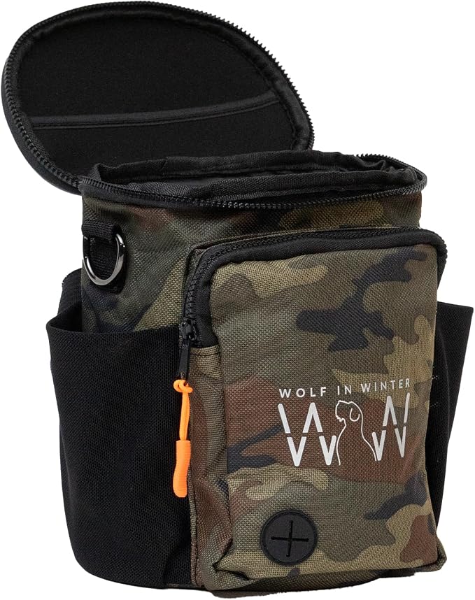 Quickdraw XL Dog Treat Pouch – Multipurpose Training Bag with Waste Bag Dispenser, Phone Pocket, Water Bottle Holders and 3-Way Strap – Durable and Reflective (Orange/Camo)
