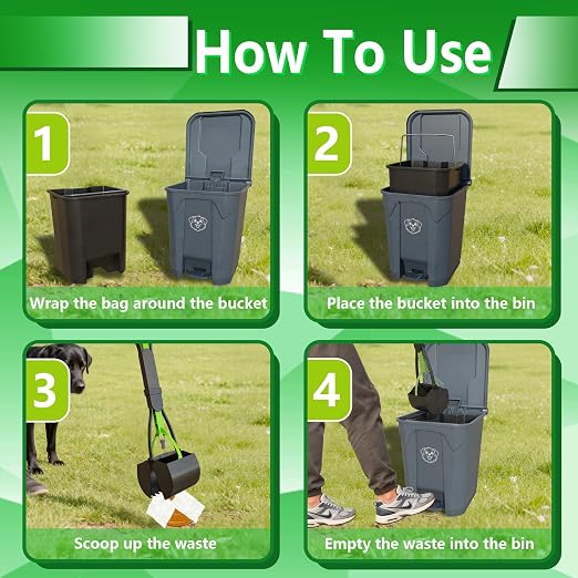 Outdoors Pet Waste Station 20L/5 Gallon Dog Poop Trash Can with Lid – Foot Pedal, Removable Inner Bin,Includes 200 Bonus Waste Bags & Long Handle Green Pooper Scooper
