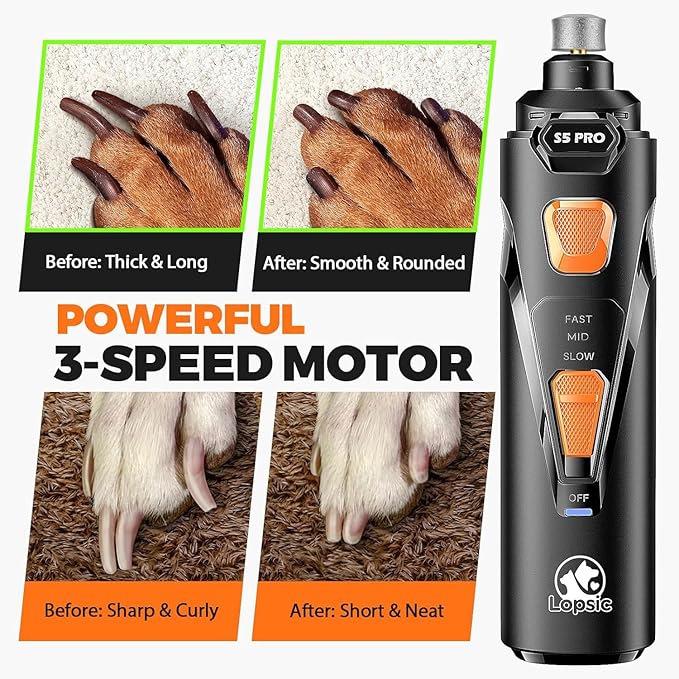 Whisper Quiet Dog Nail Grinder with 4 LED Lights, Safe & Stress-Free for Sensitive Dogs Cats of All Breeds & Sizes, 3 Grinding Bits, 3-Speed, Pet Nail Trimmers, Rechargeable Painless Grooming Kit