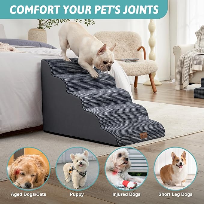 COZY KISS Wide Dog Stairs for Small Dog 22.6" H, Curved Pet Step for Puppy, Older Cat, Curved Ramp for High Bed or Car, Ladder with High Density Foam, Durable, 17.7x33x22.6 inch, Charcoal Grey