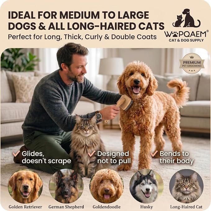 WPQAEM Dog Slicker Brush for Large Dogs, 4PCS Grooming Kit for Thick, Curly & Double Coats (Poodles, Goldendoodle, German Shepherd), Wood Handle - Naturally