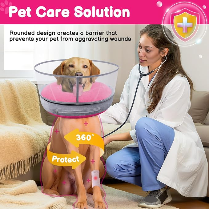 BARKLESS Dog Donut Collar, 2-in-1 Inflatable Dog Collars for After Surgery to Stop Licking Wounds, Patented Protective Donut Cone with High Shield for Large Pets (Hot Pink, L-Long)