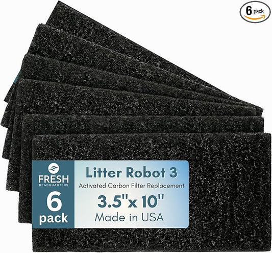 Fresh Headquarters Activated Litter Robot 3 Carbon Filters - Activated Charcoal Replacement Filter, Pre-Cut 3.5” x 10” Litter Robot Accessories - Odor Control & Dust Reduction - Made in USA - 6-Pack