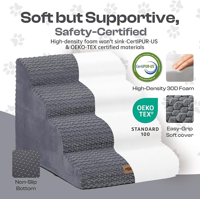 Extra Wide 4-Step Dog Stairs for Bed & Couch 18" H, More Stable Non-Slip Pet Steps with Balanced Foam Structure and Gentle Slopes, Stylish Indoor Dog Steps for Small & Medium Dogs, Gray