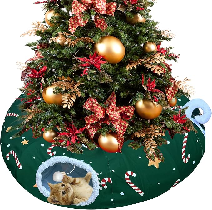 Cat Tunnel Bed in Christmas Style with Star, Crutches Candy, and Snowflakes Patterns - 3FT x 3FT x 9.8 INCH Size Green Decorative for Festive Felines