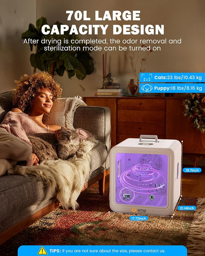 PETNF Pet Dryer Box for Cats and Small Dogs, 70L Automatic Drying Chamber with Quiet Operation, Adjustable Airflow & Temperature for Comfortable Home Grooming After Baths
