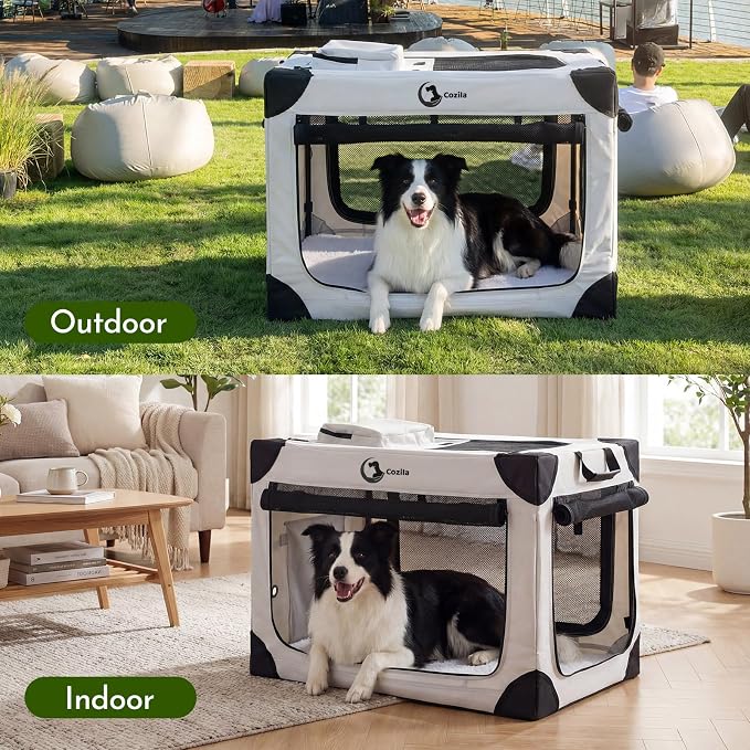 Portable Collapsible Dog Crate for Large Dogs, 4 Mesh Doors & 2 Storage Bags, Indoor Outdoor Travel Dog Kennel, Grey, 36" x 25" x 25"