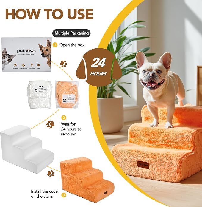 PETNOVO Ultra-Soft Faux Fur Dog Stairs for Bed and Couch, 3-Step Dog Steps for Small Dogs, Non-Slip Foam Pet Stairs, Washable Cover, 15.7" D x 22.4" W x 15.7" H, Orange