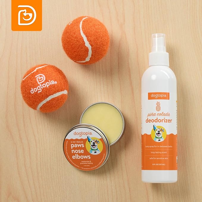 Dogtopia 3-in-1 Paw Balm & Deodorizer Spray - Between Baths Bundle for Pets | Moisturizing Balm for Cracked Skin (2oz) & Long-Lasting Piña Colada Odor Eliminator (8oz) for Dogs & Cats