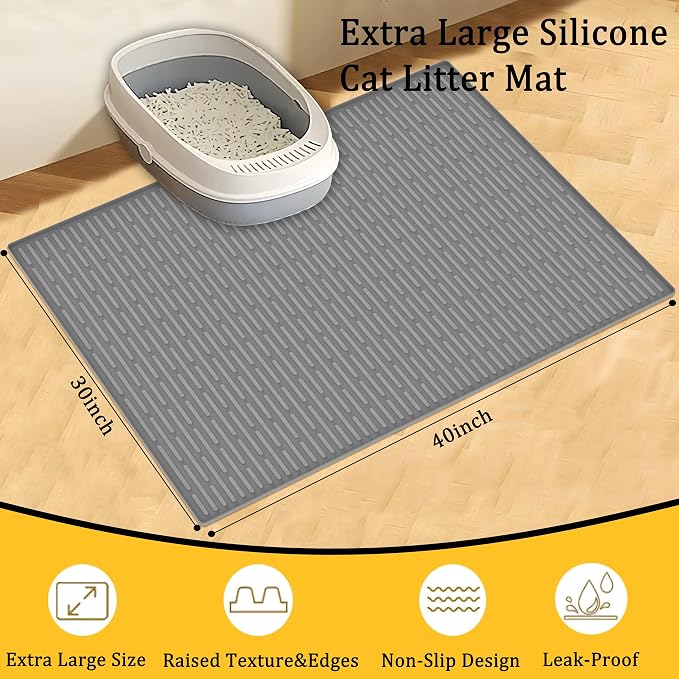 40"x30"(100cmx75cm) Extra Large Silicone Cat Litter Mat, XXL Litter Trapping Mat for Under Litter Box, Non-Slip Waterproof Kitty Litter Catcher, Easy to Clean Mat for Cats, Gray Blue
