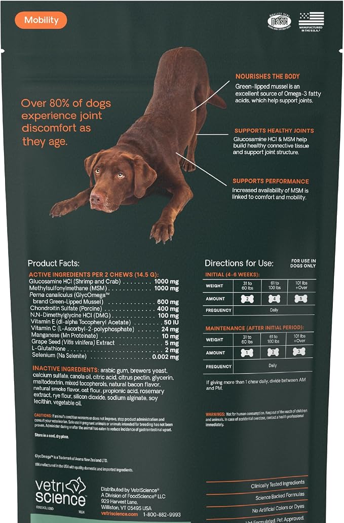VetriScience Ultimate Strength Hip & Joint Supplement for Dogs, GlycoFlex Plus – MSM, Chondroitin & Green-Lipped Mussel Chews for Mobility, Flexibility, Comfort & Support, Bacon Flavor, 60 Cnt