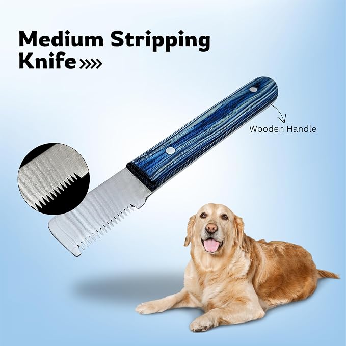 Professional Dog Grooming Stripping Knife Kit – 6-Piece Pet Grooming Tool Set with Stainless Steel Blades & Wooden Handles for Undercoat Removal, Deshedding, Coat Thinning Natural (Blue)