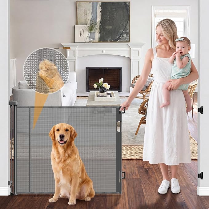KISKIZ 59 Inch Wide Retractable Gate, Reinforced Retractable Dog Gate with Support Rods to Prevent Crawling Through, 5 FT Retractable Baby Gate for Stairs, Doorways, Hallways, Indoor/Outdoor, Gray