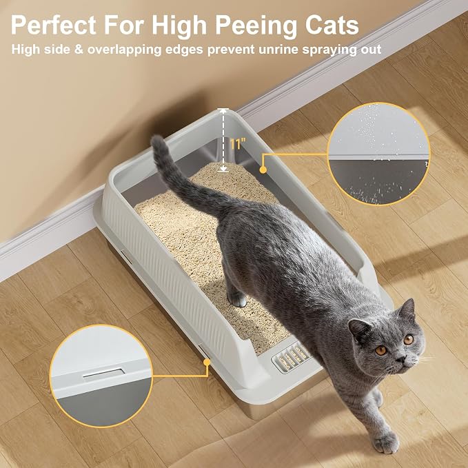 TENTIZON 2 Pack Stainless Steel Cat Litter Box, XL Large Metal Kitty Litterbox with High Side Lids, Litter Mat, Scooper for Big Cats, Multi Cats, No Odor, No Mess, Leak Proof, Easy Clean, Non Stick