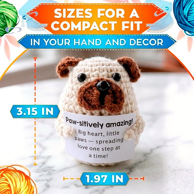 Reluen Crochet Dog, Big Heart Little Paws Handmade Puppy Crochet Animal with Inspirational Affirmation Card, Cute Crochet Desk Buddy Decor Gift for Dog Lovers Women Men Mom Daughter Friend Coworker