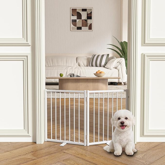 SNUOWU Full Metal Freestanding Gate with Door, 24'' Height Foldable Pet Dog Fence for Indoor & Outdoor, 2 Panels Extra Wide Free Standing Small Dog Gates for Doorways,House,Stairs,Porch,Deck,Yard
