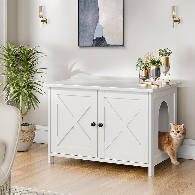 Shintenchi Cat Litter Box Enclosure, Litter Box Furniture Cabinet Hidden with Removable Divider, Wooden Cat House with End Table, White, 31.5 inch