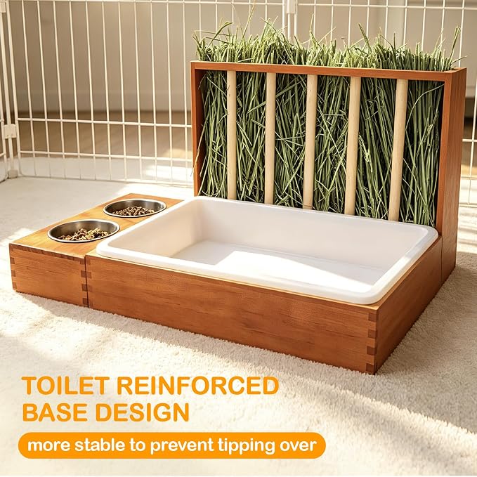 BESNEW 3-in-1 Rabbit Hay Feeder with Litter Box,Upgraded Rot Resistant Rreatment Wooden Hay Feeder with 2 Bowls & Litter Box for Guinea Pigs,Chinchillas,Rabbits & Other Small Animals,Waste Prevention