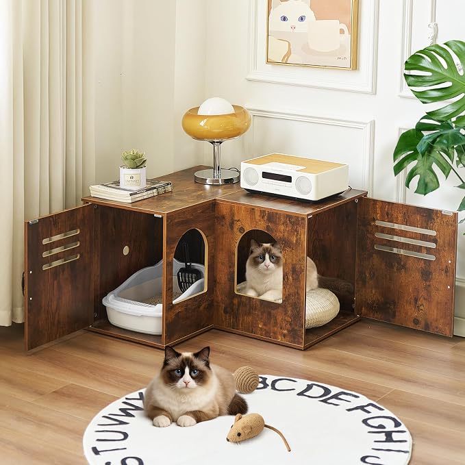 Corner Cat Litter Box Enclosure, 31.5" Hidden Litter Box Furniture for 2 Cats, Indoor Cat House End Table with Double Room, Vintage Brown