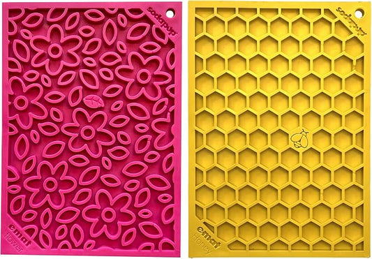 SodaPup Flower Power & Honeycomb eMat Bundle – Durable Lick Mat Feeder Made in USA from Non-Toxic, Pet-Safe, Food Safe Rubber for Avoiding Overfeeding, Digestive Health, Calming, & More