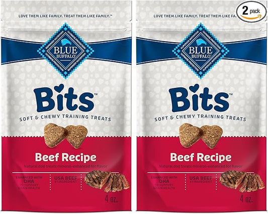 Blue Buffalo Bits Soft Dog Treats for Training,Made with Natural Ingredients & Enhanced with DHA,Beef Recipe,4-oz Bag,(Pack of 2)