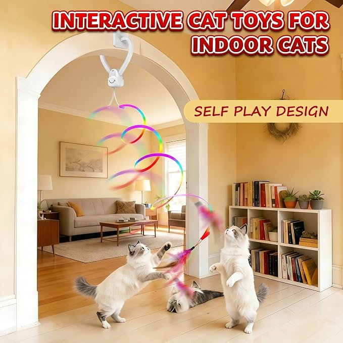 Interactive Cat Toy for Indoor Cats Automatic Hanging Door Frame Toy | Cat Toy with Feather Mouse String 360° Rotating USB Rechargeable Self Play Kitten Toy for Hunting Instinct Cat Boredom Relief