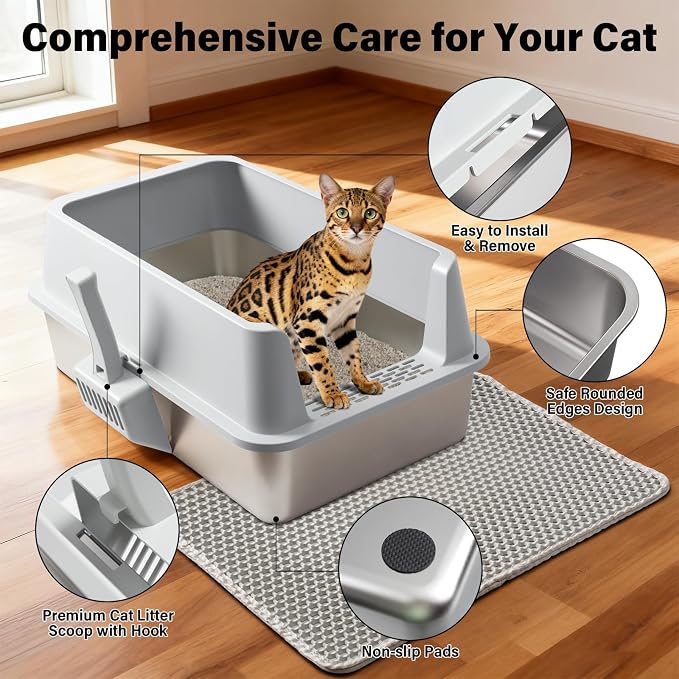 2PACK Stainless Steel Cat Litter Box with High Sides Lid, Extra Large XL Litter Box for Big Cats, Metal Kitty Litter Box, Anti-Urine Leakage, Easy Cleaning, Non-Sticky, Scoop and Mat Included