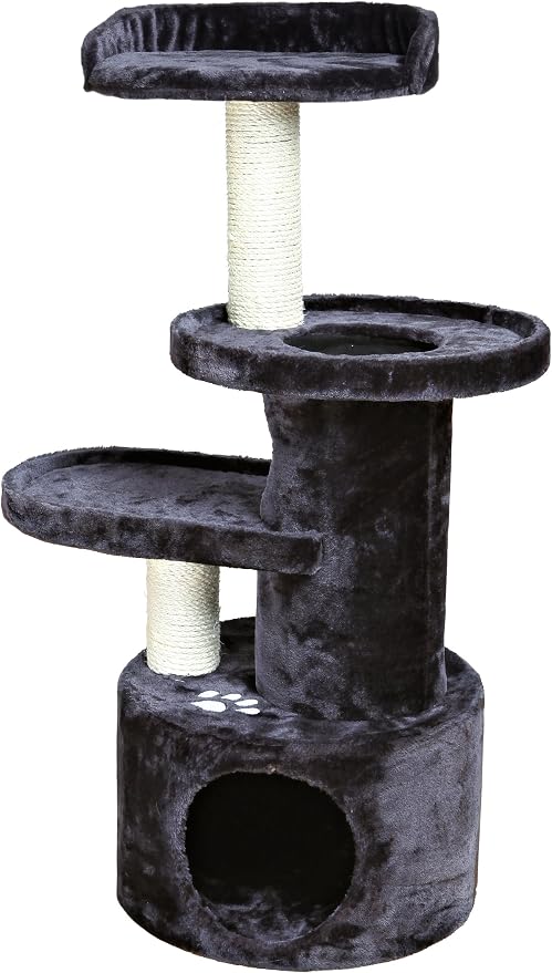 TRIXIE Pet Products Oviedo Cat Tree, Dark Gray, 3 levels (43847) | 3-Level Cat Tower, Sisal Scratching Posts, Plush-Lined Condo, Play Tunnel, Two Platforms, Padded Perch Bed
