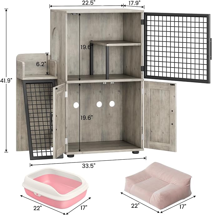 Cat Litter Box Enclosure Furniture with Double Layer Design, Hidden Litter Box & Lounge Villa for Indoor Cats - Includes Ladder, Platform, and Washroom Space for Living Room, Gray