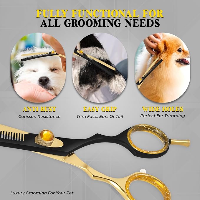 7.5” Curved Thinning Shears for Dogs and Cats – 34 Tooth Professional Pet Grooming Scissors – Smooth, Quiet Blending Shears for Face, Ears, Chest and Legs, Ergonomic Design for Home and Pro Use