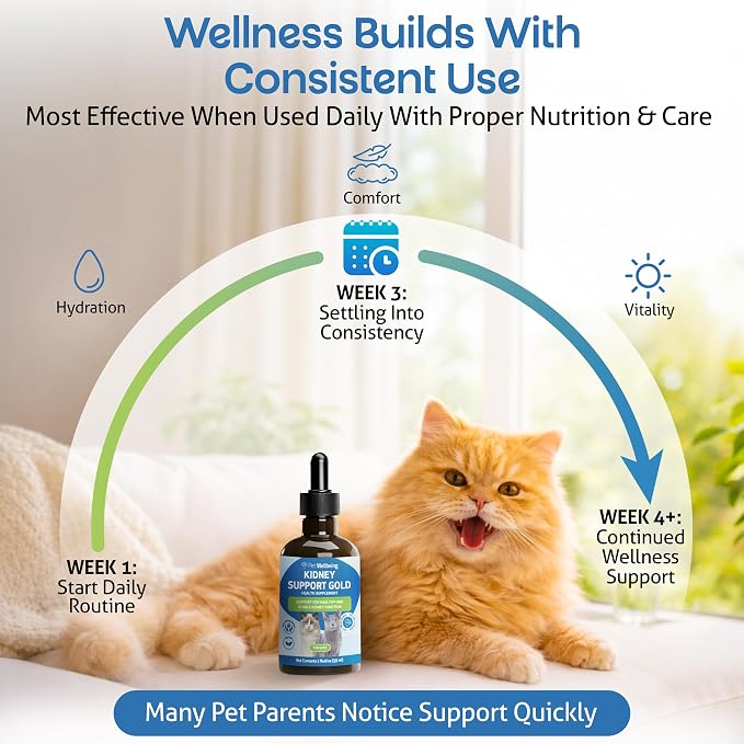 Pet Wellbeing Kidney Support Gold for Cats - Supports Normal Kidney Function & Detox, Healthy Hydration & Energy with Rehmannia & Dong Quai - NASC Certified & Vet-Formulated - 2oz Liquid Formula