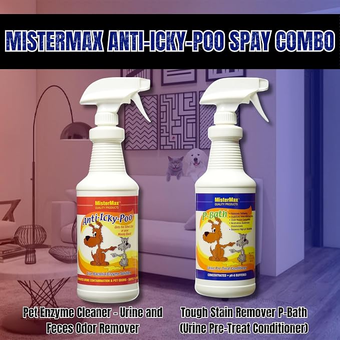 Mister Max Anti Icky Poo Enzyme Cleaner Spray Combo - Pet Urine Odor Remover & Tough Stain Remover with P-Bath (Urine Pre-Treat Conditioner)