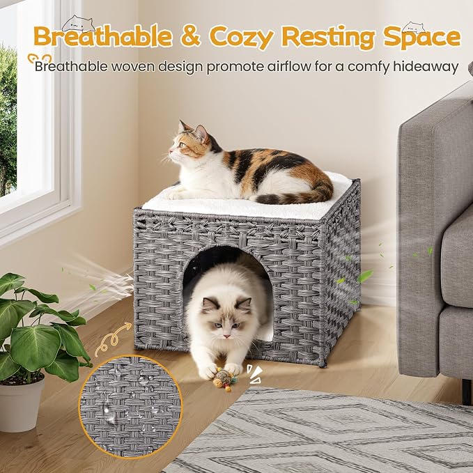 Snughome Handwoven Rattan Cat House - Indoor Foldable Cat Bed Cave with 2 Removable Bed Mats, Large Kitten House, Hideaway Pet Cube, 16.54 x 16.54 x 12.6 Inches, Grey, for Living Room & Bedroom