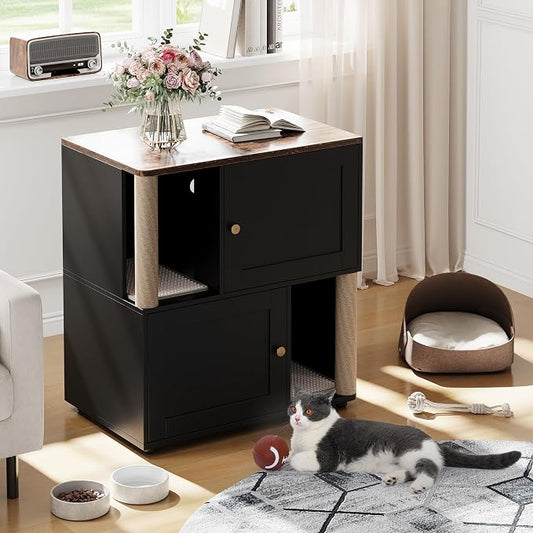 Cat Litter Box Enclosure, Two-Story Wooden Hidden Litter Box Furniture with Scratching Post, Multi-Level Cat Washroom Cabinet for 2 Cats, Reinforced Wood Frame & Ventilated Design for Small Apartment
