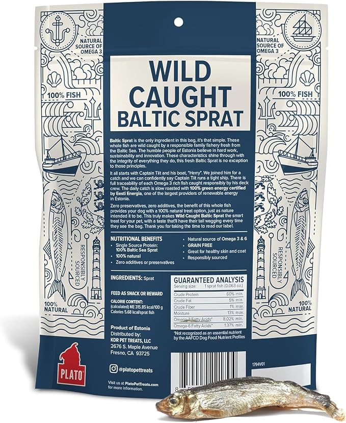 PLATO Pet Treats Fish Dog Treats - Air-Dried, Single Ingredient Pet Treat - Omega 3 & 6 Fatty Acids to Support Skin and Coat - 100% Whole Fish - Wild Caught Baltic Sprat - 7.5 oz - 2 Pack
