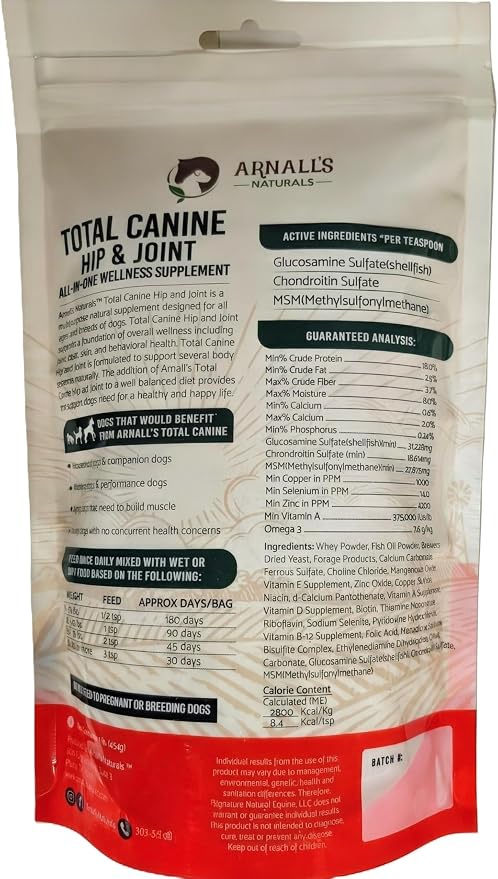 Total Canine: Hip & Joint Supplement Powder for Dogs (454 Gram 45-90+ Days) with Glucosamine, Chondroitin, MSM, and Omega-3's