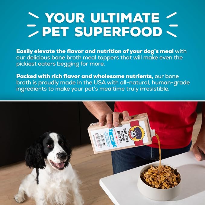 Brutus Chicken Broth Liquid for Dogs - All Natural Chicken Bone Broth for Dogs with Chondroitin Glucosamine Turmeric -Human Grade Dog Food Toppers for Picky Eaters & Dry Food -Tasty & Nutritious
