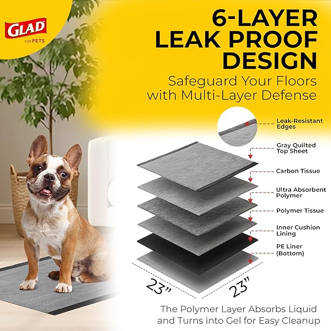 Glad for Pets Black Charcoal Puppy Pads - 6-Layer Leak-Proof Construction, Activated Carbon Odor Control, Pheromone Attractant - Disposable Dog Pee Pads for Potty Training, 23 x 23 in, 100 Count