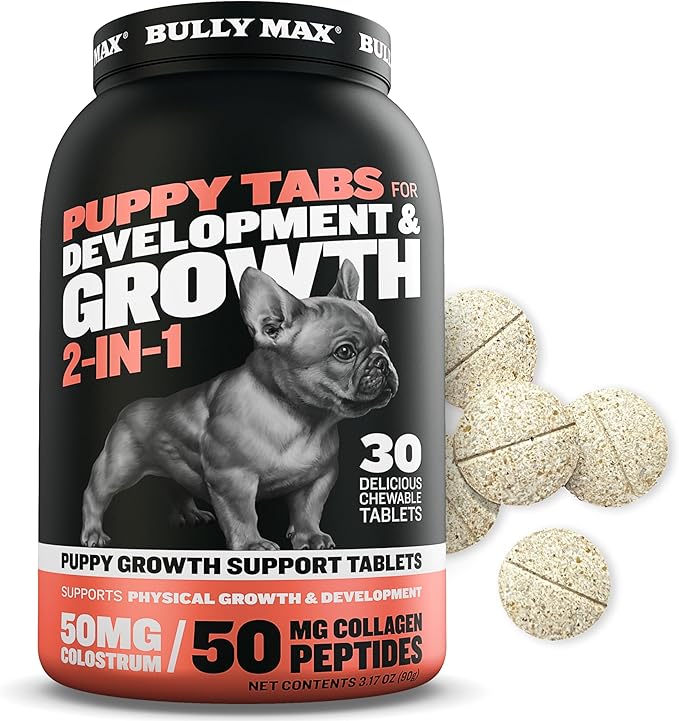 Bully Max Wet Puppy Food (2lbs. Dry Makes 5.5 lbs. Wet Food) Puppy Chews for Immunity & Growth and Puppy Vitamins (30 tabs) for Development & Digestive Support Bundle for Small, Large Breed Puppies