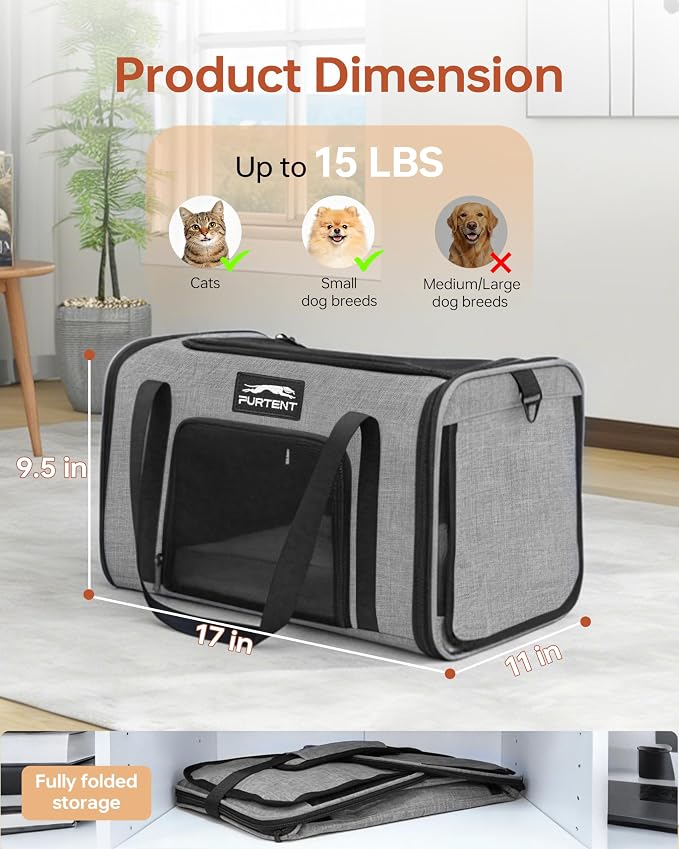 17x11x9.5 Pet Carrier Airline Approved, Cat Carrier with Litter Box, Soft Sided Cat Dog Carrier Up to 15 lbs, Breathable Travel Pet Carrier with Calming Curtain, Storage Bag & Poop Dispenser, Grey