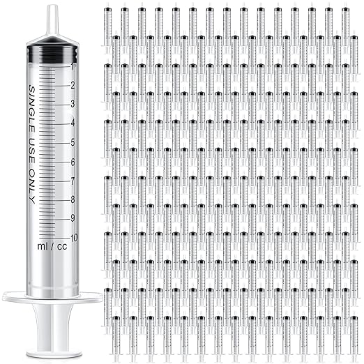 Xuhal 200 Pcs 10 ml/cc Plastic Liquid Measuring Syringes No Needle Clear Small Syringes for Oral, Scientific Labs Measuring Liquids, Feeding Pets, Epoxy Resin, Watering Plants, Oil or Glue Applicator