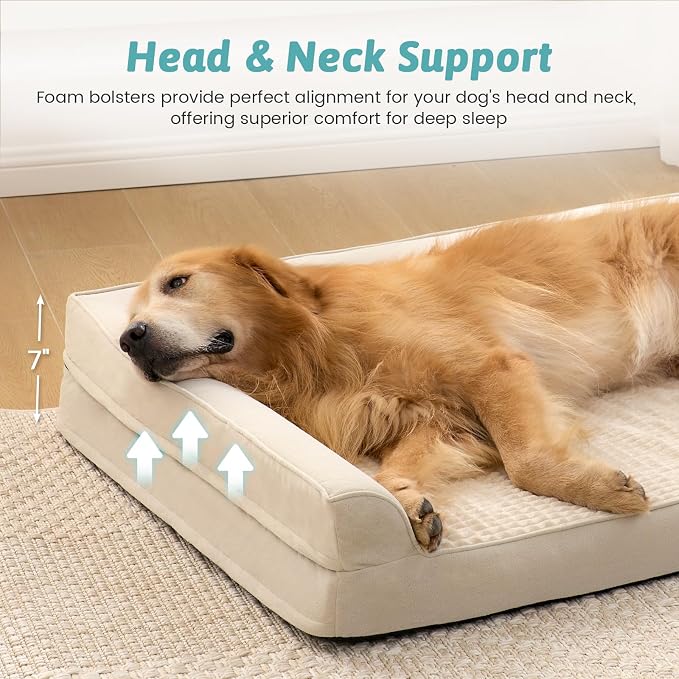 COZY KISS Orthopedic Dog Bed for Extra Large Dog 44x32 inch, XL Pet Sofa, Bolster Foam Bed with Sides, Non-Slip and Egg-Crate Big Dog Couch Bed with Washable Removable Cover, Beige