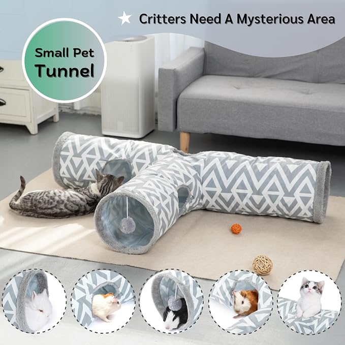 JanYoo Bunny Tunnel Rabbit Hideout Bunny Toys for Rabbits Accessories Guinea Pig Ferret Kitty 3 Ways Collapsible Tunnels (Geometric)