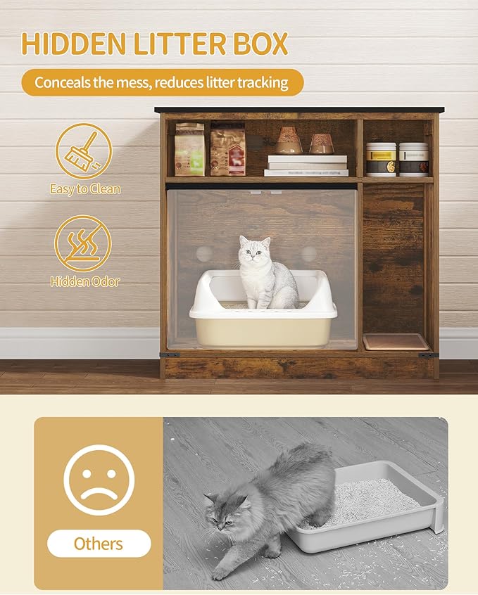 Hzuaneri Cat Litter Box Enclosure, Hidden Litter Box Furniture with Storage, Wooden Cat Cabinet with Scratch Pad, Farmhouse Cat Washroom, TV Stand End Table, Rustic Brown CB87501X
