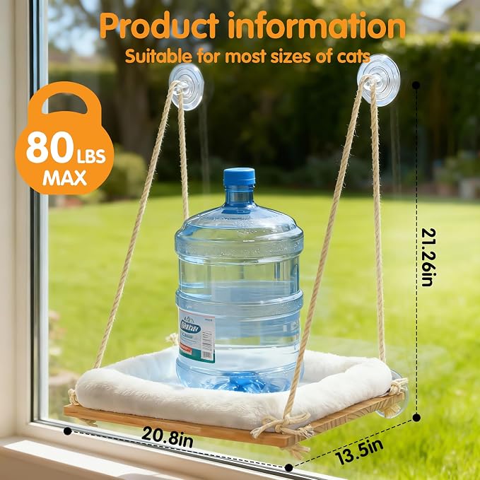 Large Cat Window Perch, Window Hammock Bed with Solid Wood Seat 4 Heavy Duty Suction Cups, Plush Cushion, Indoor Hammock Bed for Large Cats (XL)