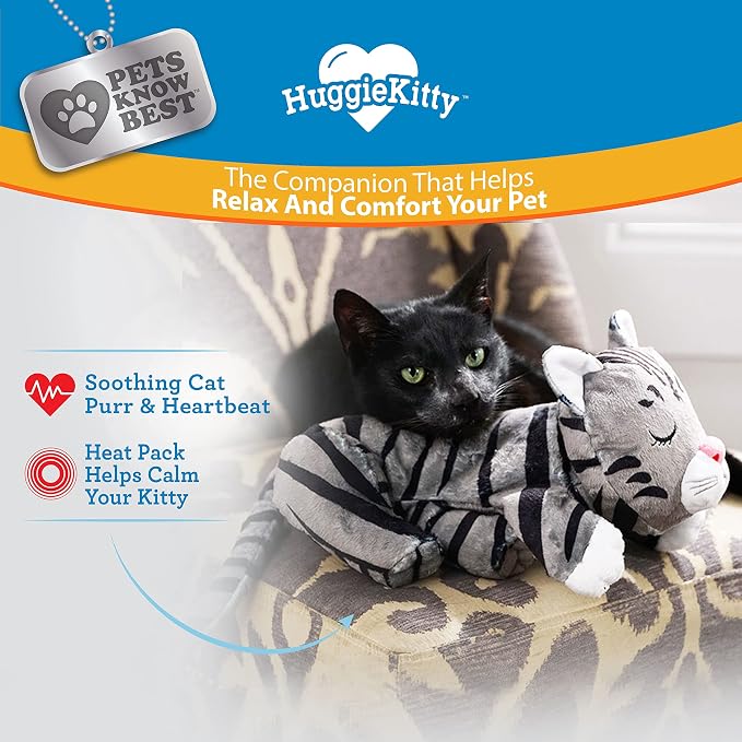 HuggieKitty | Comfort Purring Companion with Heartbeat Sleep Aide for Cats & Kittens, Heating for Calming Relief, Carrier & Behavioral Training Essential, Breeds, Pet's Know Best | Grey