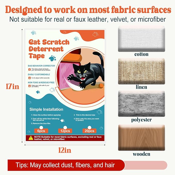 12 Pack Cat Scratch Furniture Protector – Double-Sided Sticky Deterrent Training Tape from Cat Claws, Clear Anti-Scratch Guard for Couch, Sofa, Doors, Easy Apply & Residue-Free, Not for Leather,Velvet