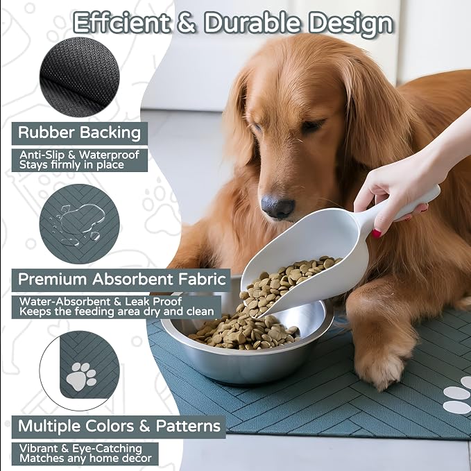 Pet Feeding Mat-Absorbent Dog Feeding Mat for Food and Water Bowl,No Stains Pet Placemat,Quick Drying Water Dispenser Mat for Dog and Cat,Easy to Clean Dog Accessories(L,Black Gray Paw)